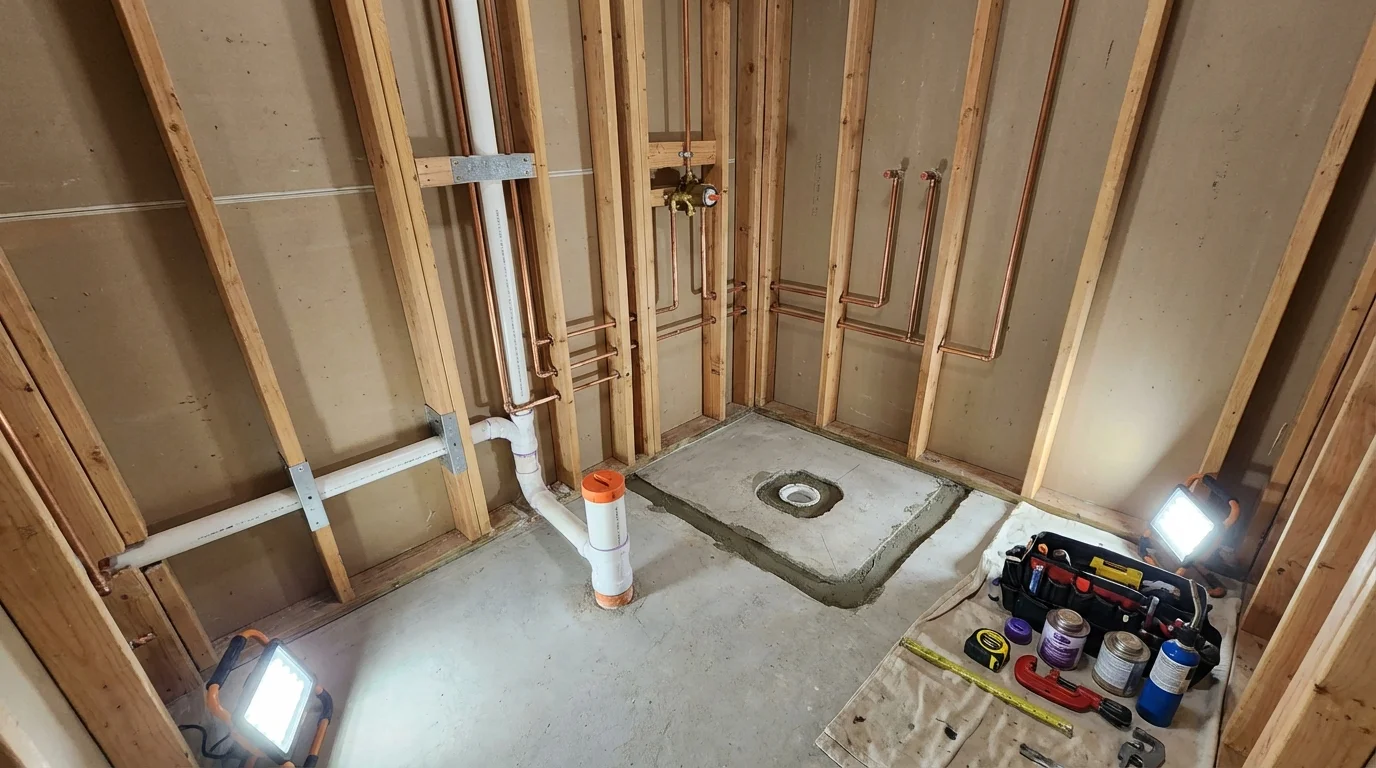 Bathroom rough-in plumbing during remodel by Johns Plumbing LLC in Elk Grove