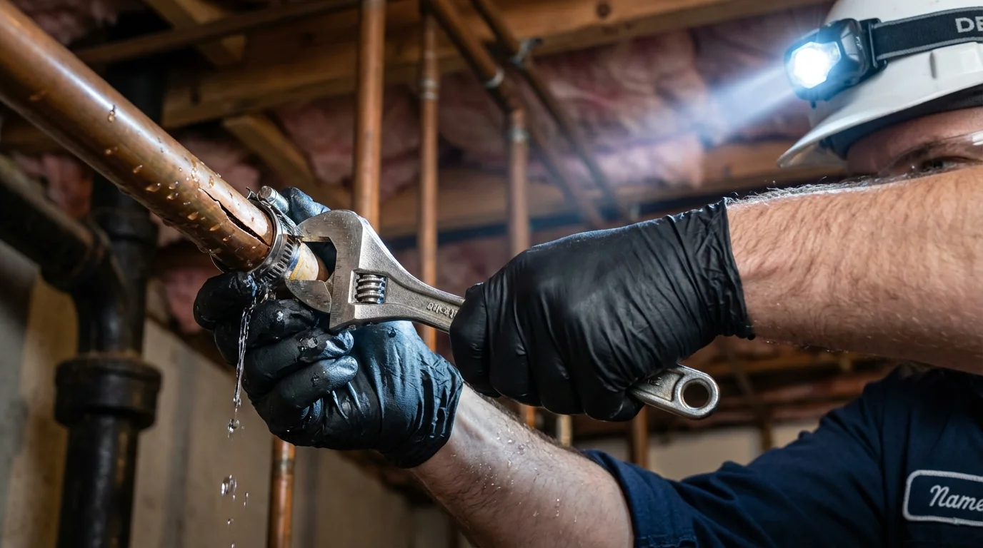 Emergency pipe clamp repair being performed by a Johns Plumbing LLC plumber in Elk Grove